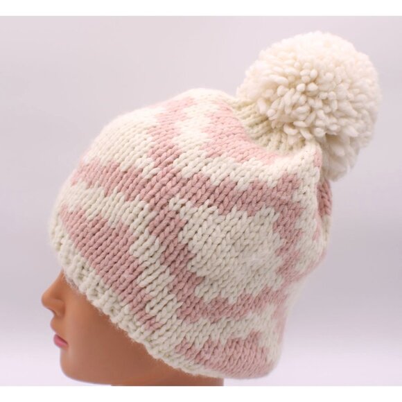 Pink and White Knit Pom Beanie Hat Made In Italy 95% Acrylic 5% Wool Warm & Soft - Picture 7 of 8